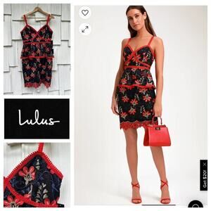 Lulus Karina Black and Red Floral Embroidered Peplum Cocktail Dress L‎ NWT
